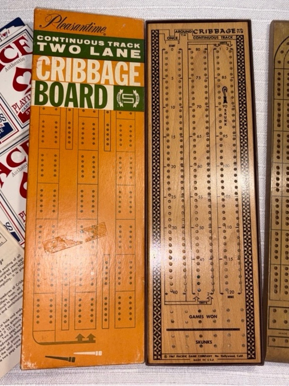 2 Vintage Wooden Cribbage Game Set Brown Continuous Track Board & 2 pk of cards